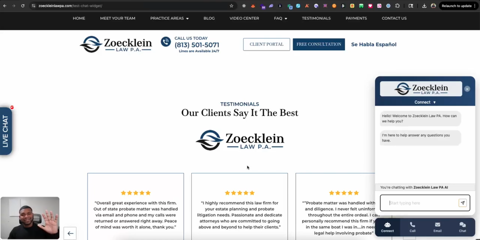 Agentic Appointment Setting Chatbot — live chat widget embedded on a law firm website greeting a visitor
