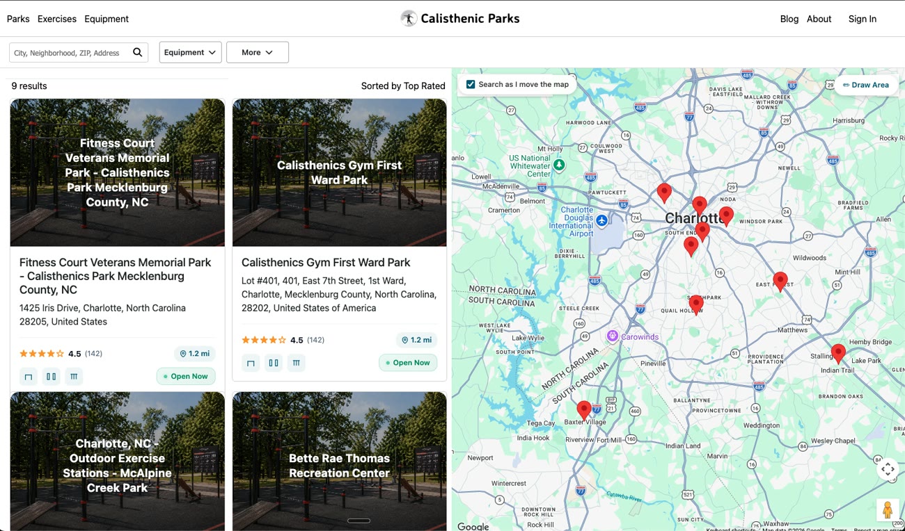 Calisthenic Parks — location-based directory with map search and park listings